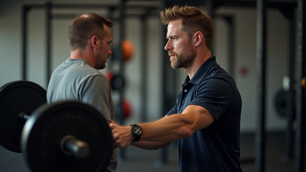 Trainer instructing mature adult on proper barbell squat form with coaching cues visible