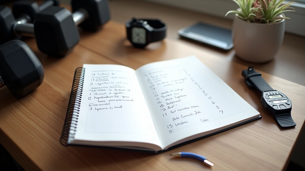Notebook with training progress notes, dumbbells, and fitness tracker on wooden table